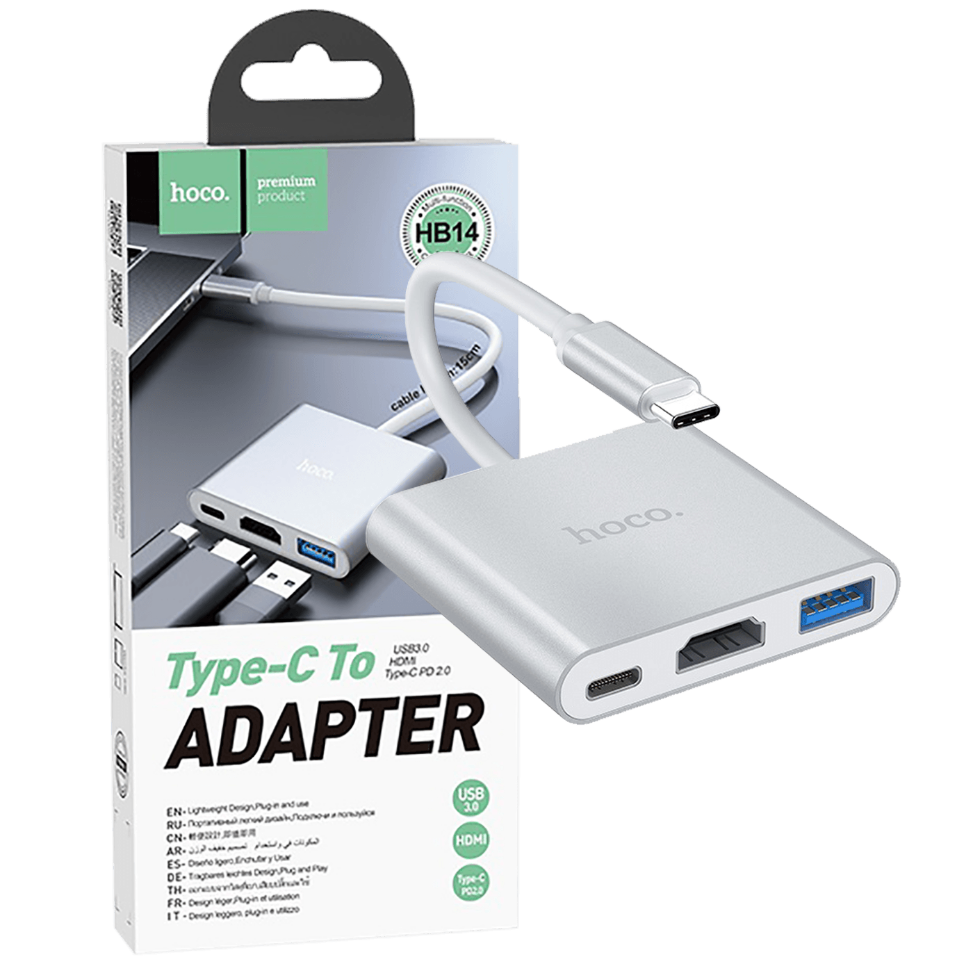 hoco. Konverter USB HUB type C to USB3.0/HDMI/PD - HB14 Easy use