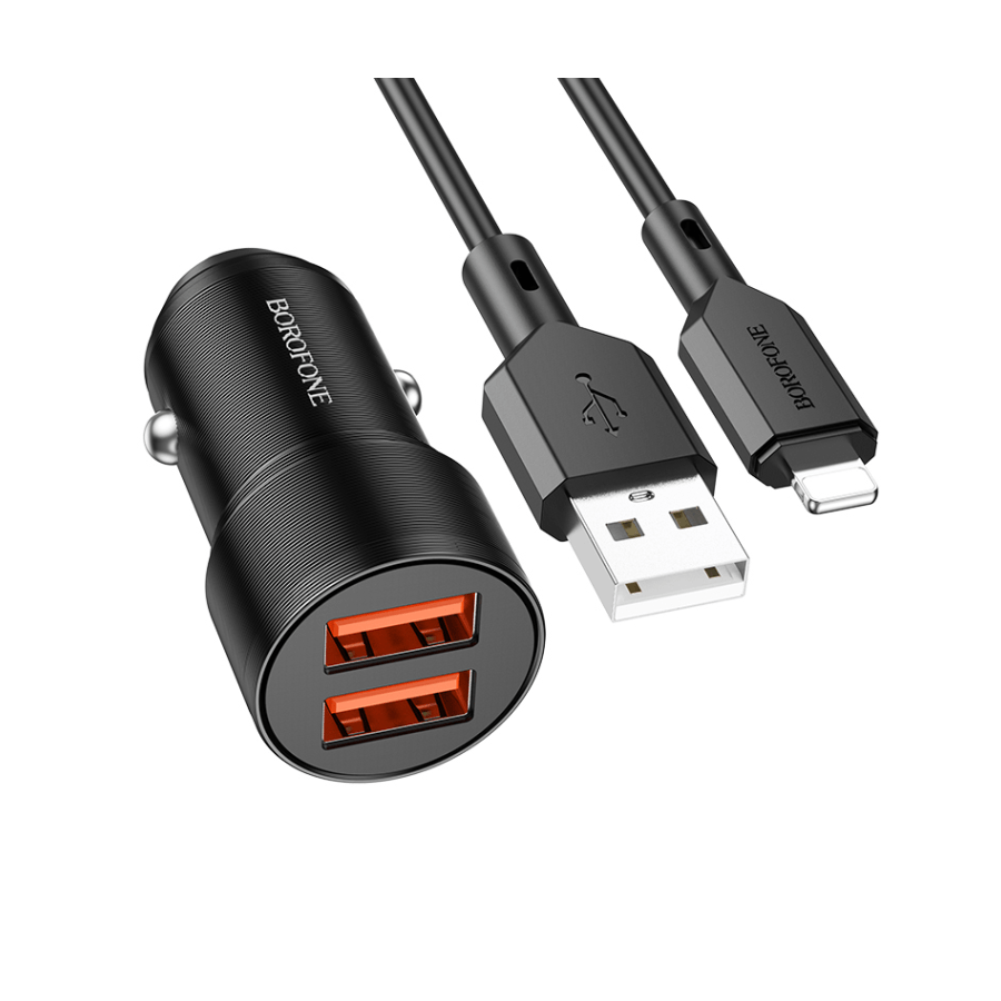 AUTO PUNJAČ BOROFONE BZ19 WISDOM - 2XUSB - 12W SA USB NA LIGHTNING KABLOM CRNI