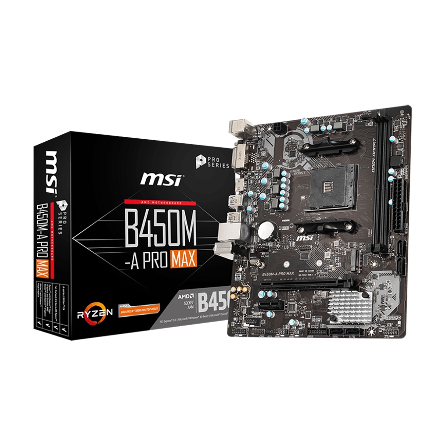 MSI MB B450M-A PRO MAX, AM4, DDR4, PCI-Ex, 6xUSB3.2, 6xUSB2.0, 4xSATA, M.2, DVI-D, HDMI, GLAN, mATX