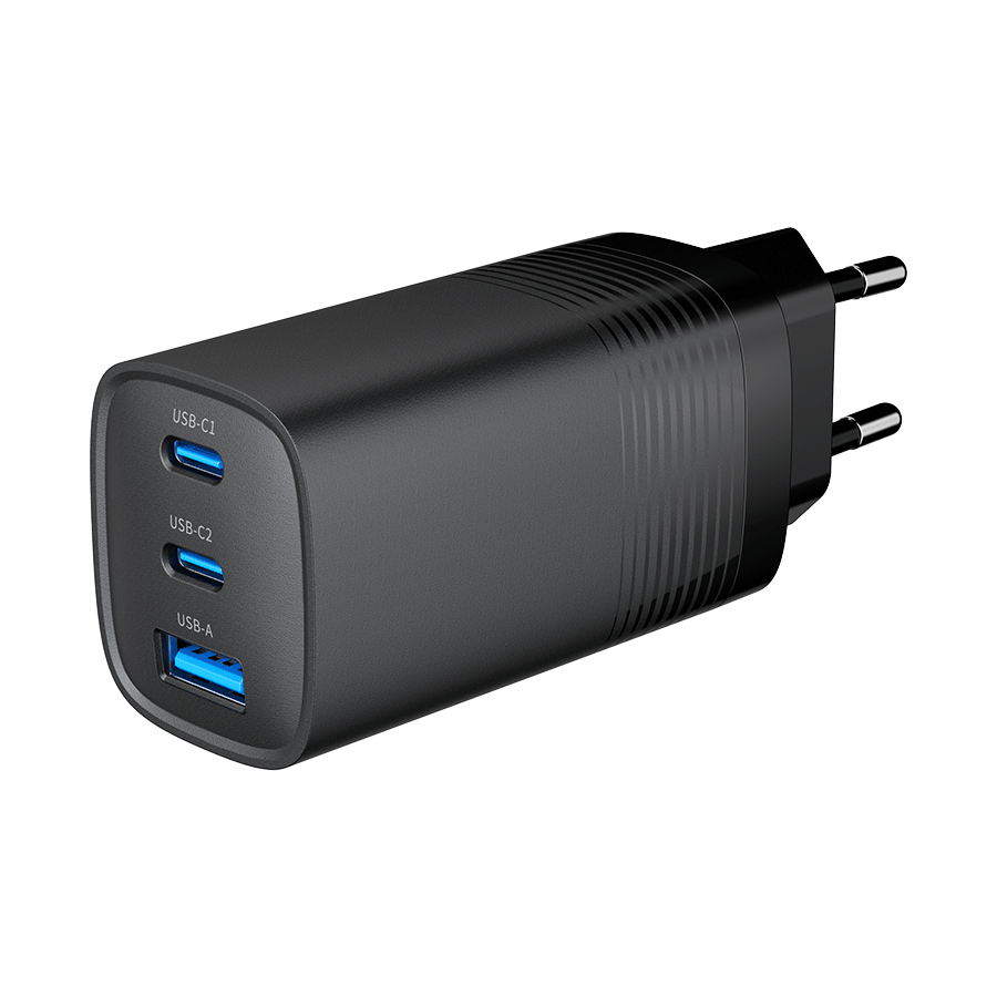 USB punjač 2xType-C + 1xUSB-A fast charger, 65W PD, back GEMBIRD, TA-UC-PDQC65-01-BK