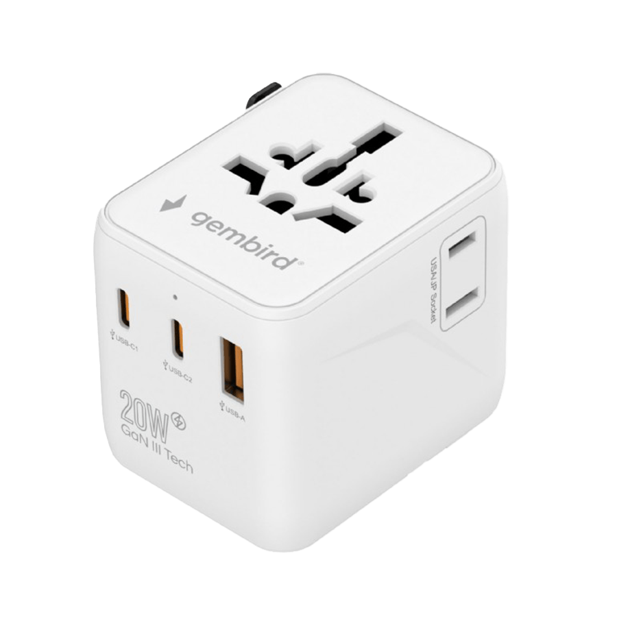 Univerzalni strujni adapter za sve zemlje + USB + Type-C punjač GEMBIRD, 20 W, white, TPA-1A2C20-01-W