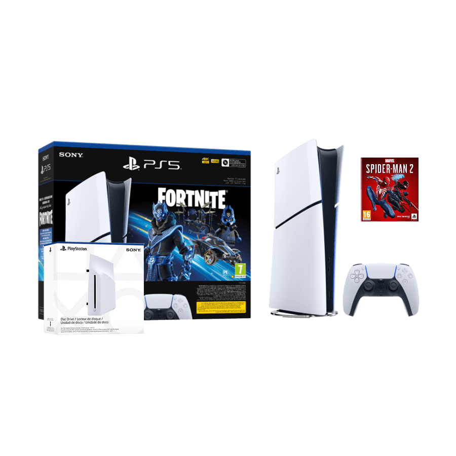 PlayStation 5 Slim Digital Edition D chassis+Playstation Disc drive+ +Fortnite VCH+Marvel"s Spider-Man 2 St. E.VCH 1000045170MSM2V2