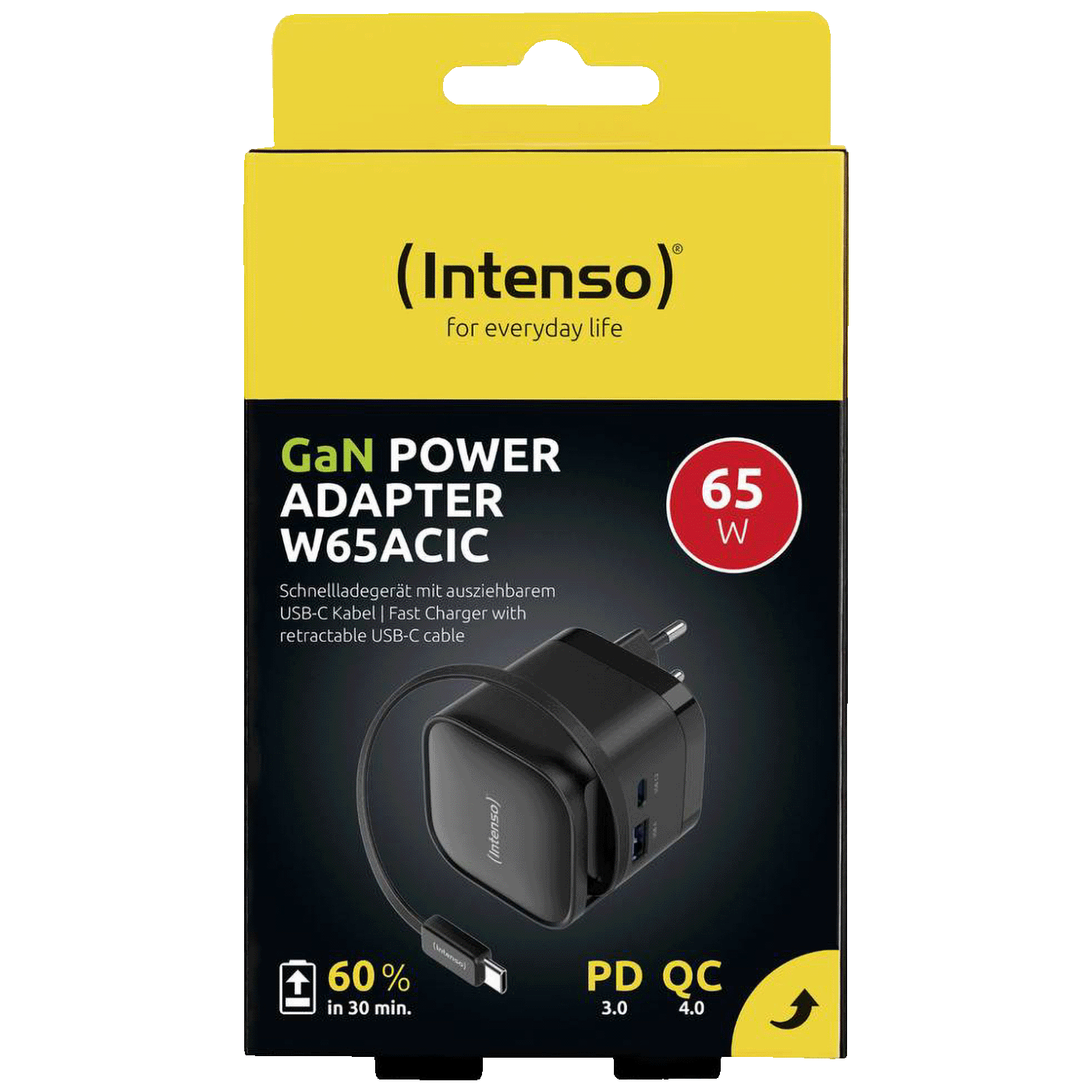 (Intenso) Punjač kučni sa type C kabelom, brzi, 1xUSB-A, 1xUCB-C, 65W - Power Adapter W65ACIC GaN Black