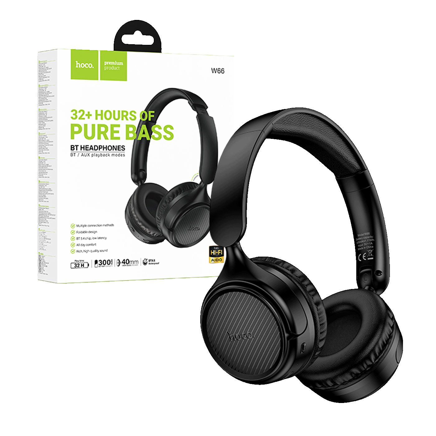 hoco. Slušalice bežične, Bluetooth / AUX - W66 Black